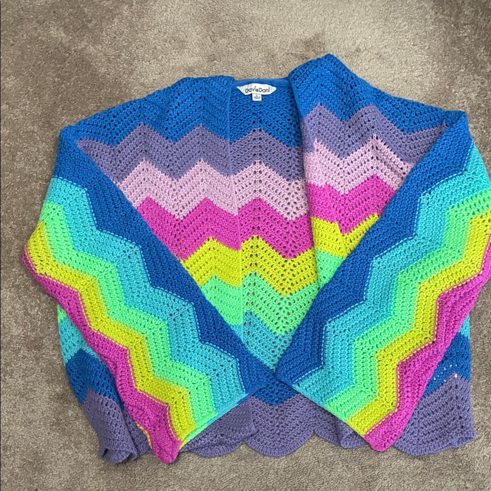 DAVI & DANI Rainbow Chevron Crochet Open Cardigan - Blue/Pink/Green/Yellow